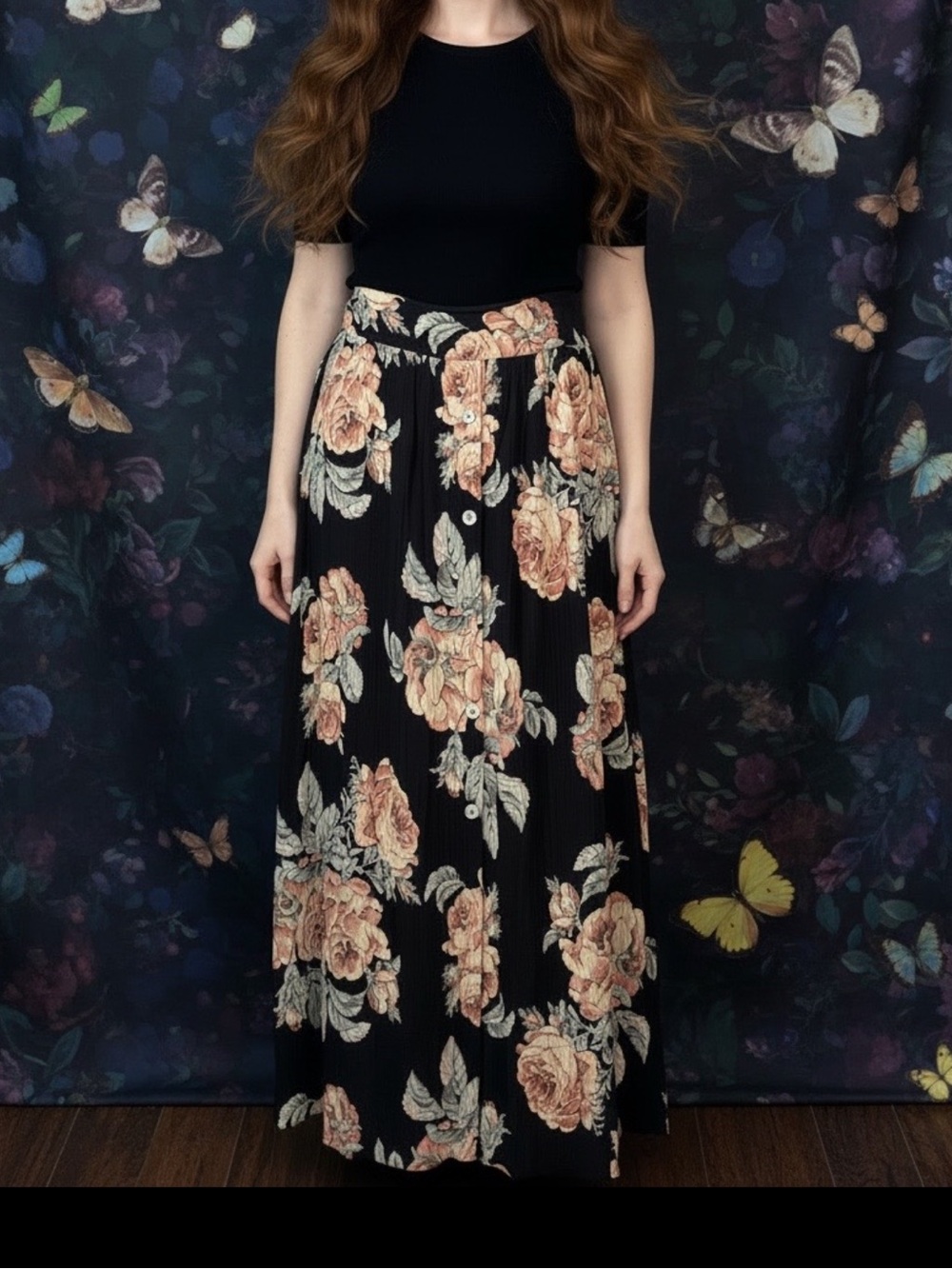 Vintage Floral Dark Crinkle Women’s Size 14 Maxi Skirt Romantic Flowy Whimsigoth